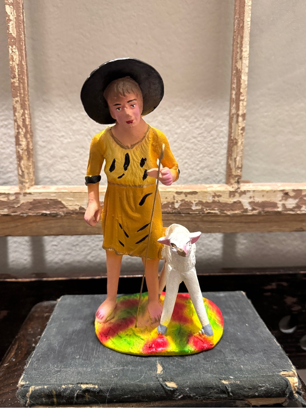 Vintage Yellow Shepherd Figurine with Lamb - Decorative Home Accent